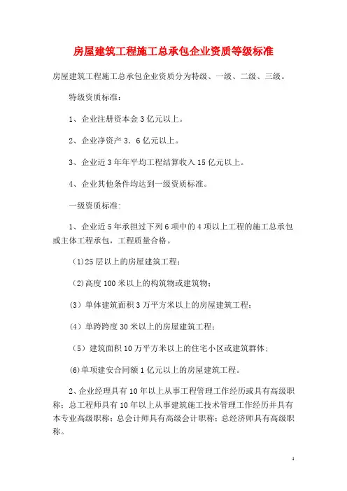 建筑工程施工资质等级标准