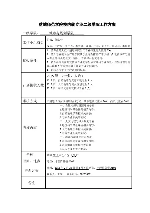 盐城师范学院校内转专业二级学院工作方案