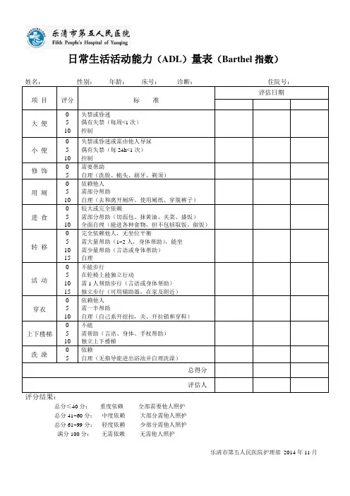日常生活活动能力(ADL)量表(Barthel指数)