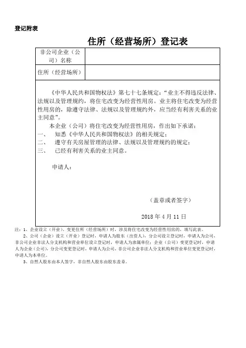 住所登记表