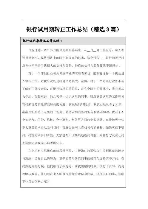 银行试用期转正工作总结(精选3篇)