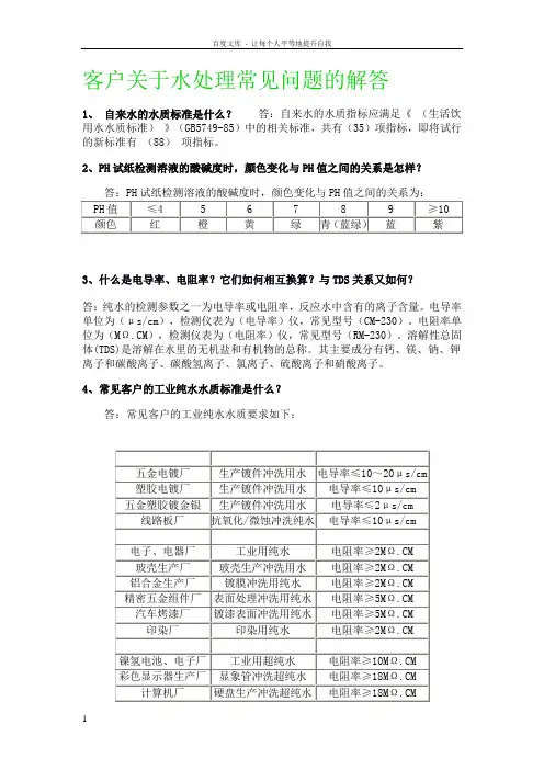 客户关于水处理常见问题的解答