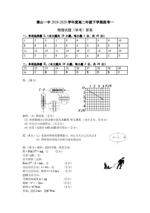 2020高二下学期段考一物理学考 答案