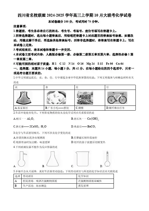 四川省名校联盟2024-2025学年高三上学期10月大联考化学试卷(含解析)