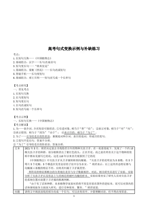 高考句式变换示例与补缺练习