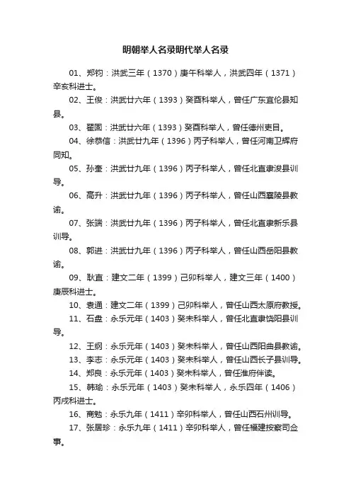 明朝举人名录明代举人名录
