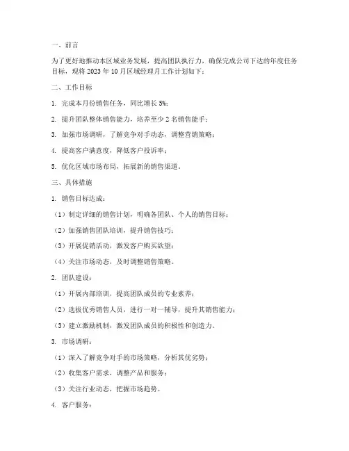 区域经理月工作计划范文