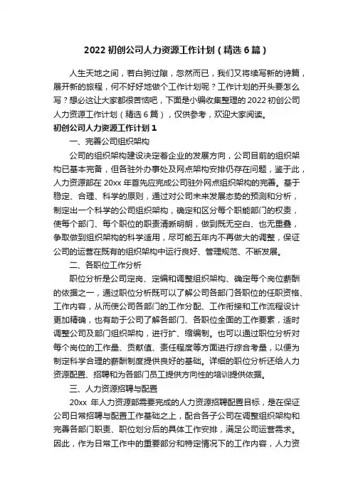 2022初创公司人力资源工作计划（精选6篇）