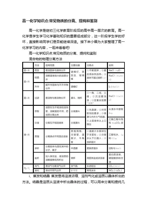 高一化学知识点：常见物质的分离、提纯和鉴别