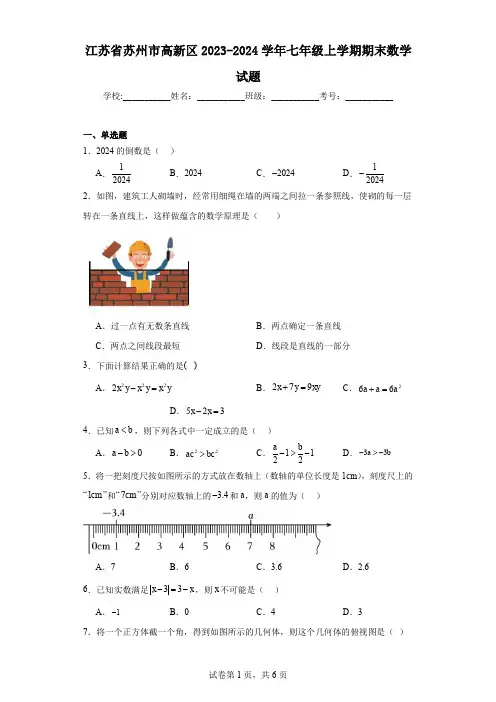 江苏省苏州市高新区2023-2024学年七年级上学期期末数学试题