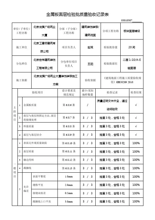 金属板面层检验批质量验收记录(最新版)