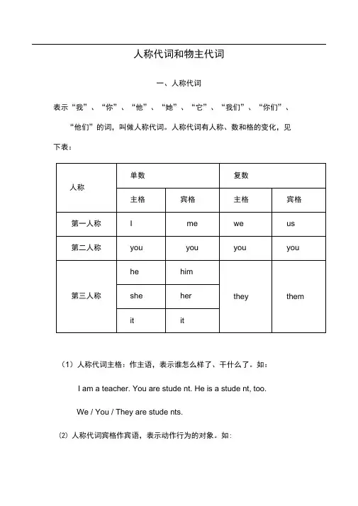 初一英语人称代词和物主代词的表格及练习题