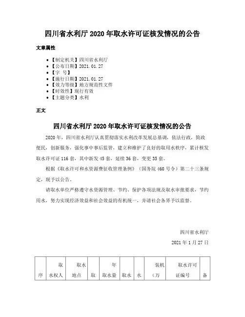 四川省水利厅2020年取水许可证核发情况的公告