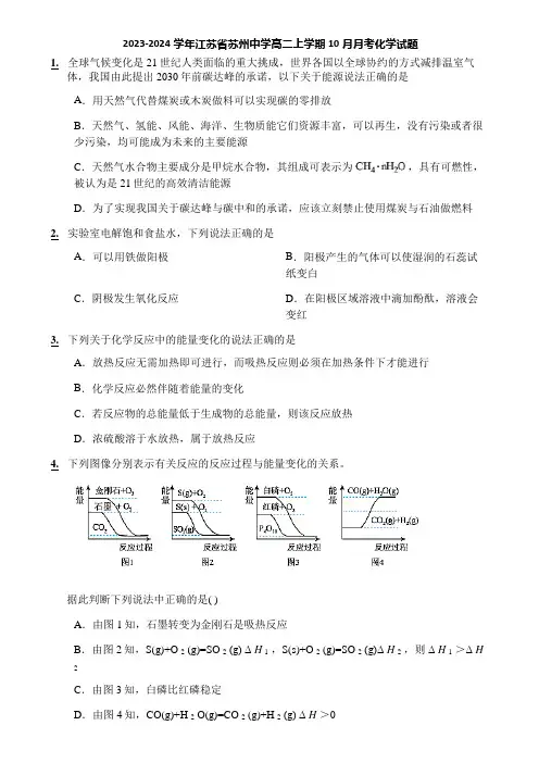 2023-2024学年江苏省苏州中学高二上学期10月月考化学试题