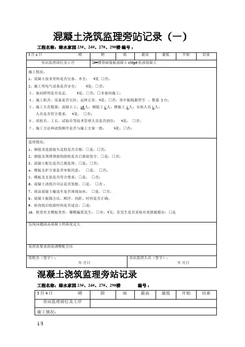 混凝土浇筑监理旁站记录(完整)