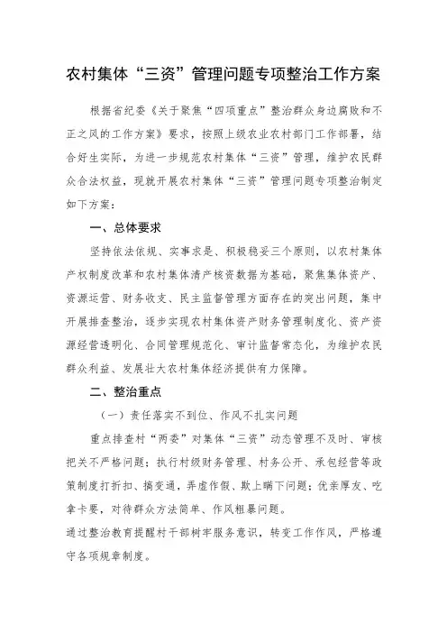 农村集体“三资”管理问题专项整治工作方案