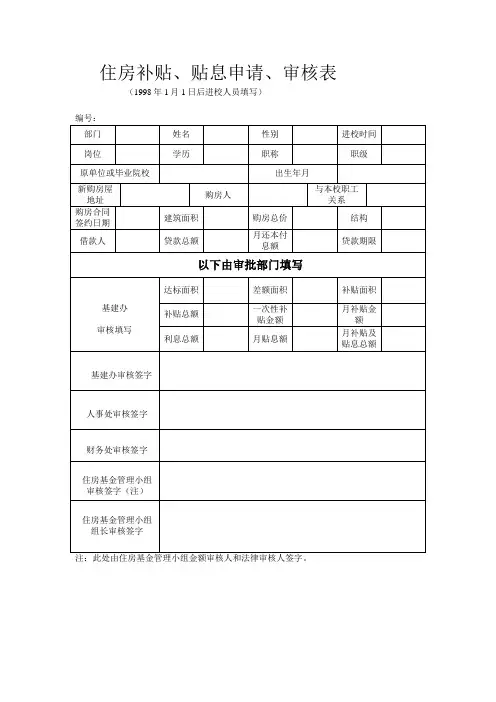 住房补贴、贴息申请、审核表