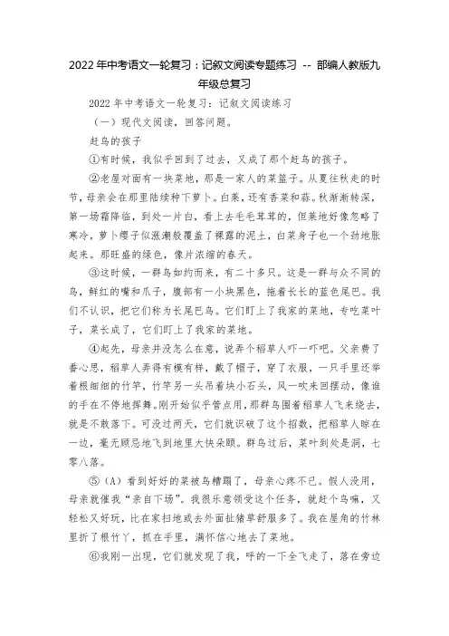 2022年中考语文一轮复习：记叙文阅读专题练习 -- 部编人教版九年级总复习