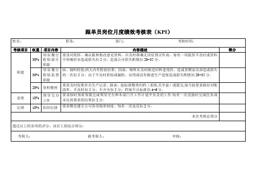 跟单员岗位月度绩效考核表(KPI)
