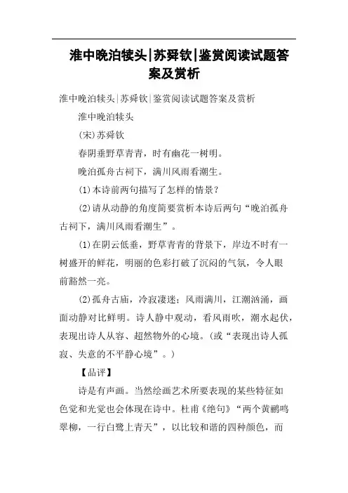 淮中晚泊犊头苏舜钦鉴赏阅读试题答案及赏析