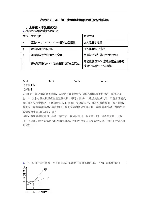 沪教版(上海)初三化学中考模拟试题(含标准答案)