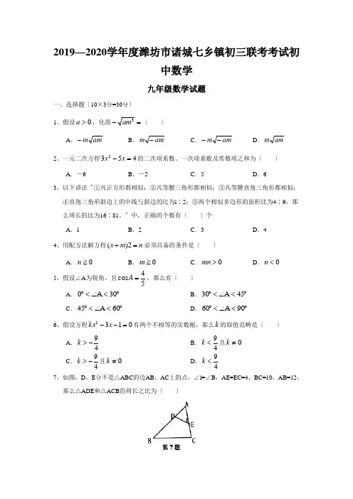 2019—2020学年度潍坊市诸城七乡镇初三联考考试初中数学