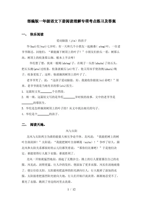部编版一年级语文下册阅读理解专项考点练习及答案