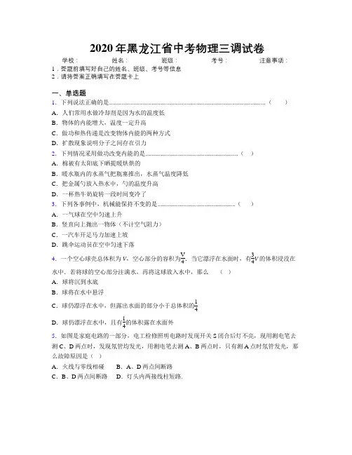 2020年黑龙江省中考物理三调试卷附解析