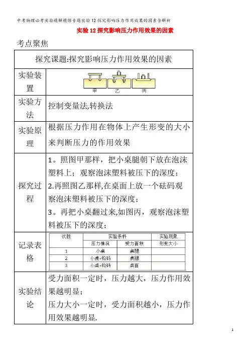 中考物理必考实验精解精练专题实验12探究影响压力作用效果的因素含解析