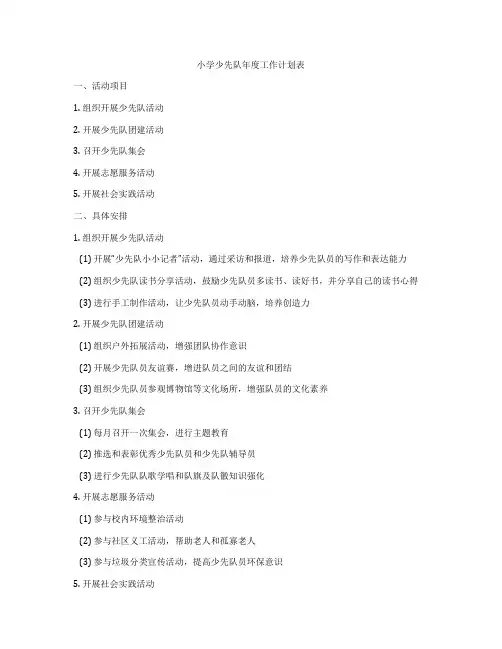 小学少先队年度工作计划表