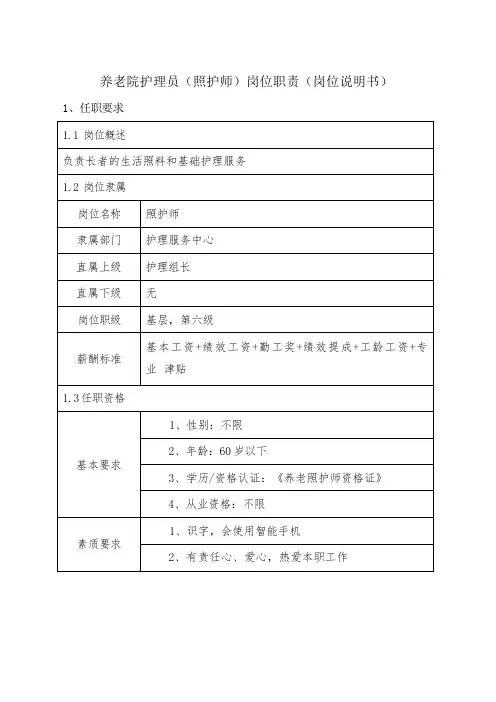 养老院护理员(照护师)岗位职责(岗位说明书)