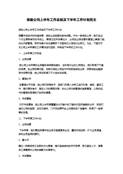 保险公司上半年工作总结及下半年工作计划范文