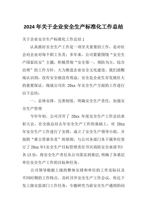 2024年关于企业安全生产标准化工作总结
