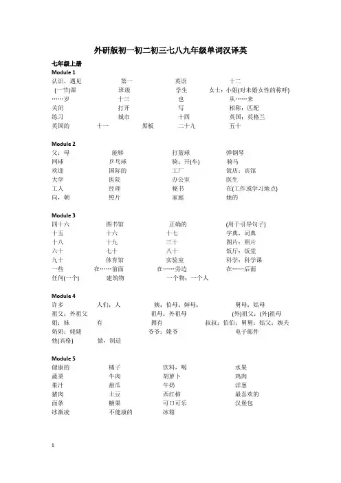 外研版初一初二初三七八九年级汉译英词汇