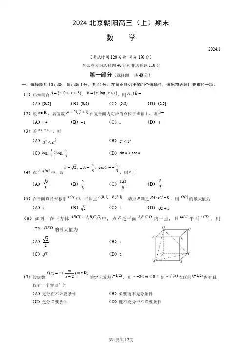 北京市朝阳区2024届高三上学期期末数学含答案
