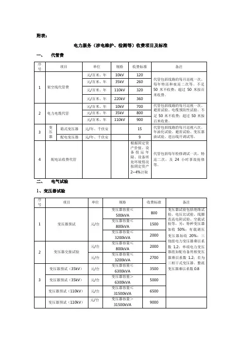 电力服务收费项目及标准