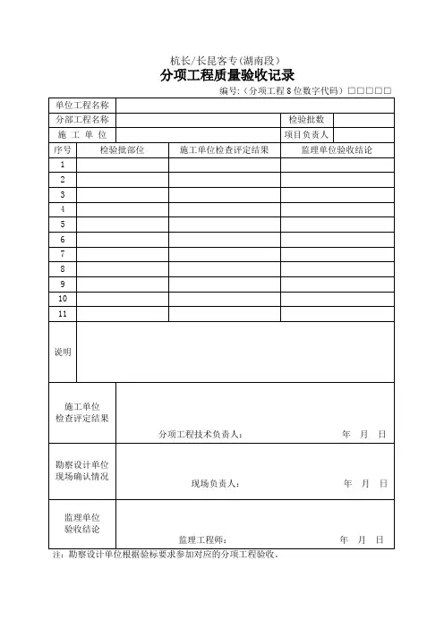 分项、分部及单位工程质量验收记录表