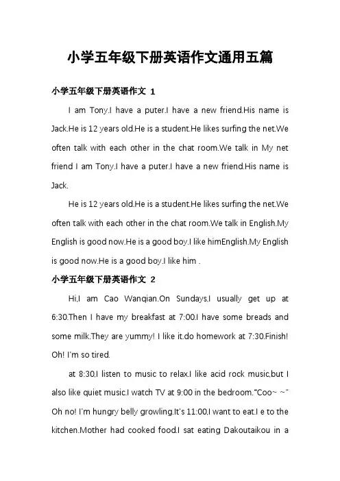 小学五年级下册英语作文通用五篇
