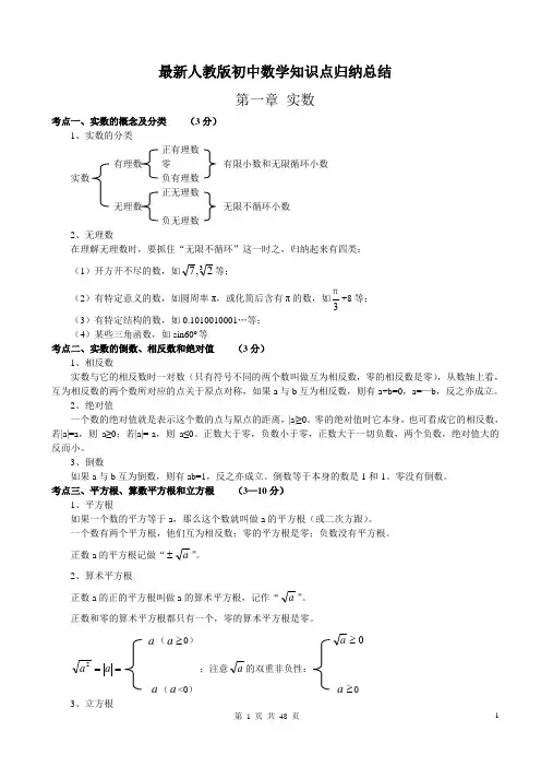 2014年初中数学知识点中考总复习总结归纳