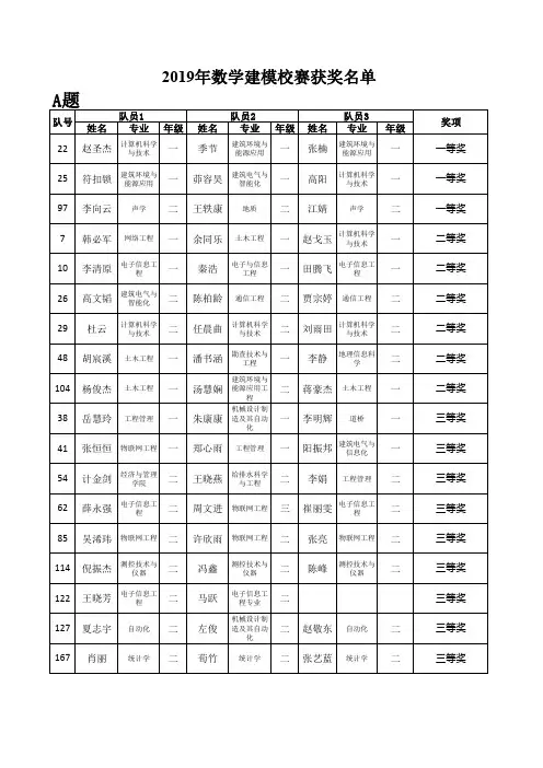 2019年数学建模校赛获奖名单
