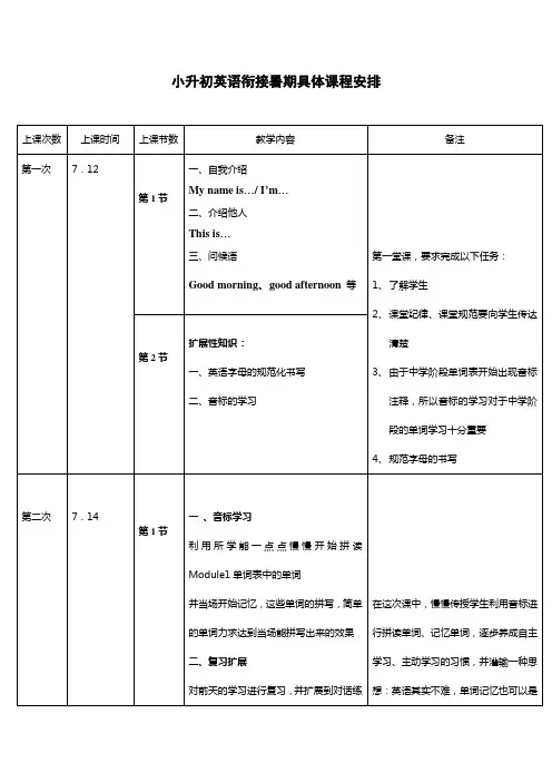 小升初英语暑期教学安排