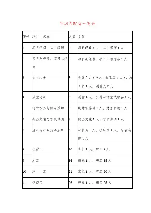 劳动力配备一览表