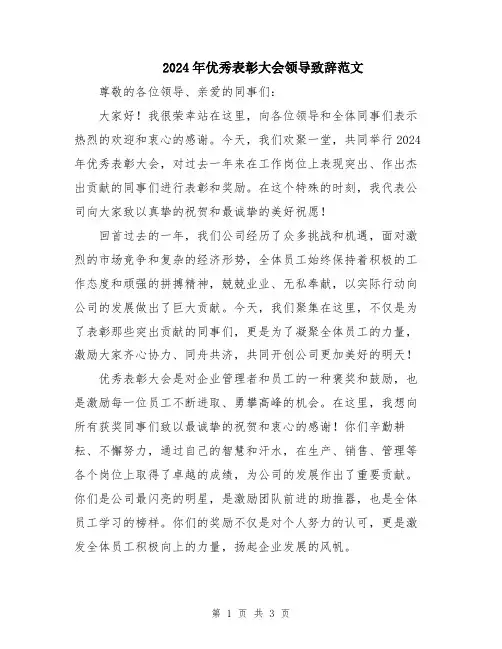 2024年优秀表彰大会领导致辞范文