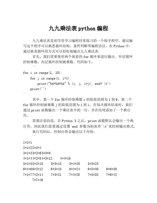 九九乘法表python编程