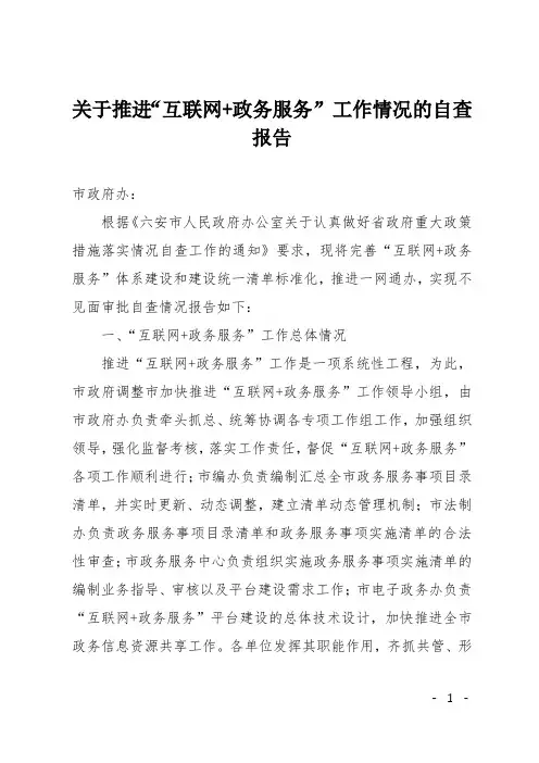 关于推进“互联网+政务服务”工作情况的自查报告