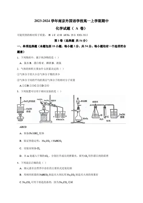 江苏省南京外国语学校2023-2024学年高一上学期期中考试化学试题