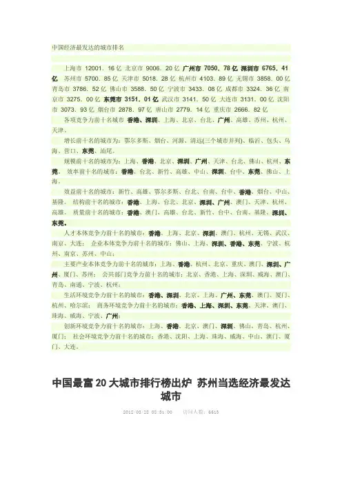 中国经济最发达的城市排名