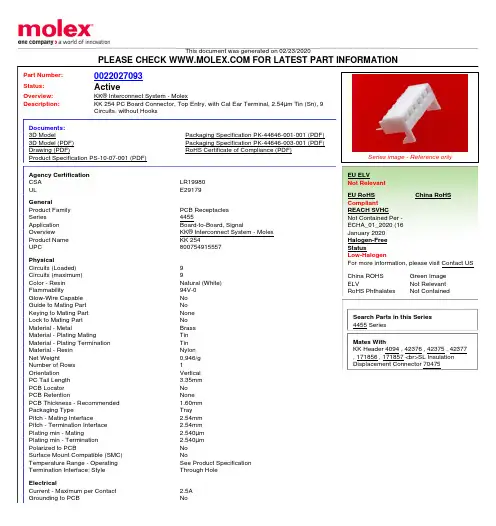 Molex KK 254 PC Board Connector 产品说明书
