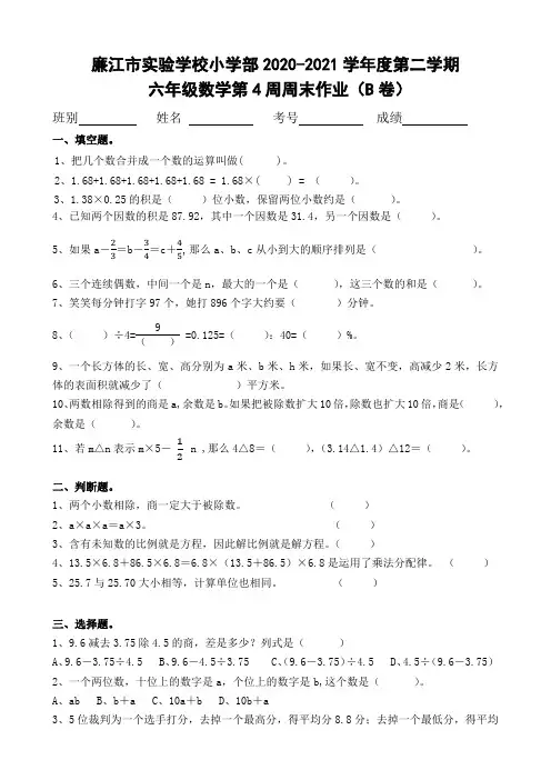 广东省廉江市实验学校2020-2021学年六年级下学期数学第4周周末作业