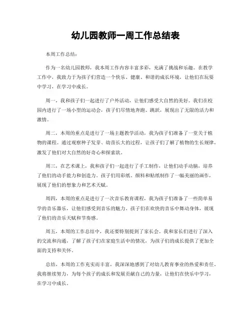 幼儿园教师一周工作总结表